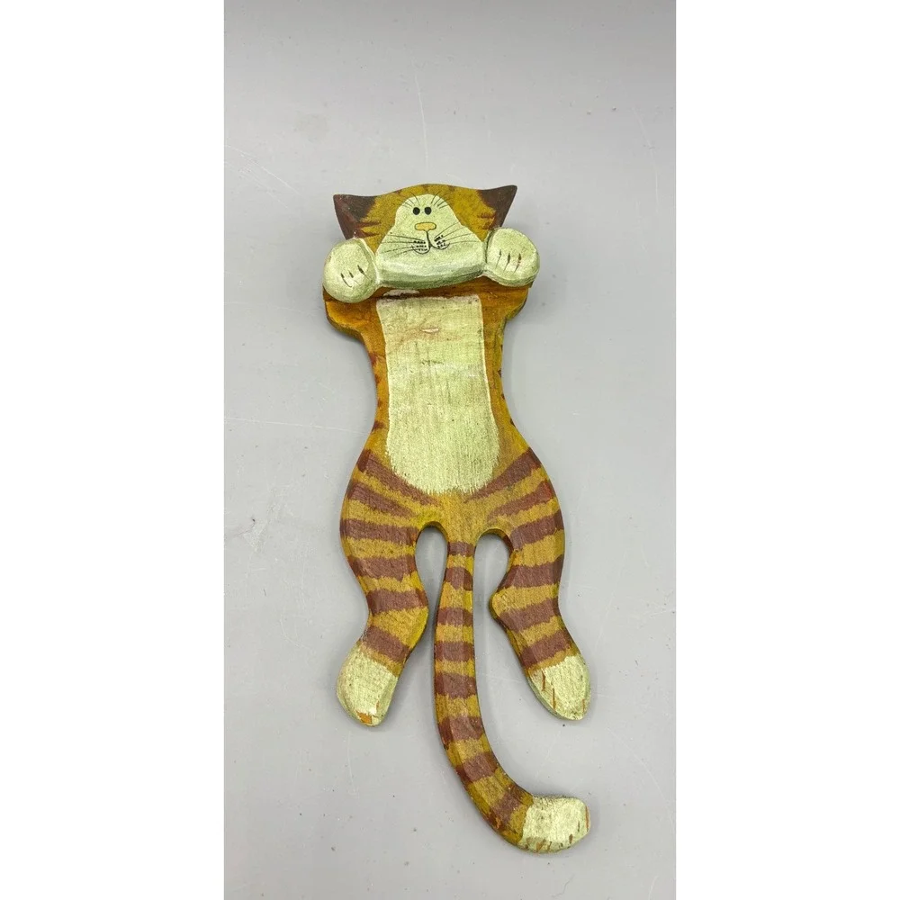 Vintage Hand Painted Wooden Tabby Cat Wall Hook Hanging Folk Art Decor